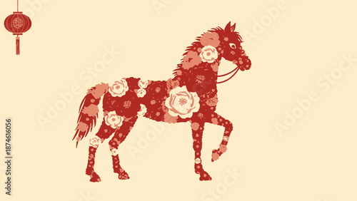 A majestic horse made of flowers is standing proudly under a hanging lantern in a festive setting