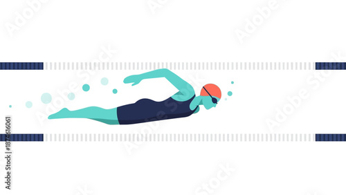 Stylized minimalist swimmer freestyle stroke in pool lane with bubbles