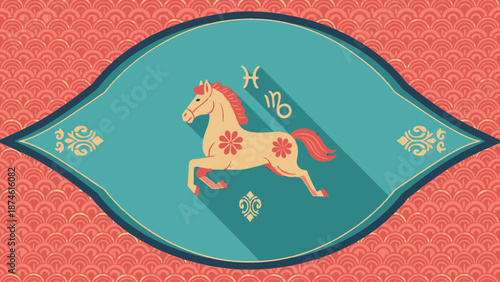 A stylized horse illustration on a decorative background with floral patterns and abstract shapes