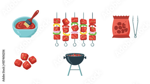 Collection of barbecue-related icons, including skewers, grill, sauce, and charcoal, representing outdoor cooking, summer activities, and delicious grilled meals.