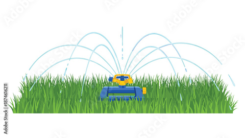 Vibrant green grass being efficiently watered by a blue and yellow oscillating sprinkler, illustrating garden care, irrigation, and summer lawn maintenance.