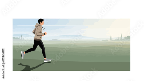 Morning jogging in minimalist landscape with soft pastel colors
