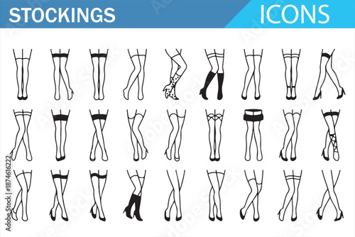 Women Legs in Stockings Line Icon Set Featuring High Heels, Thigh High Socks and Fashion Hosiery in Minimal Vector Outline Style