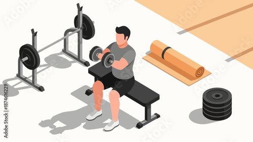 Isometric gym scene with man exercising on bench press and dumbbells