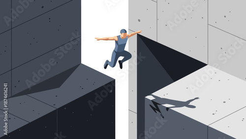 Parkour athlete jumping between buildings in urban environment