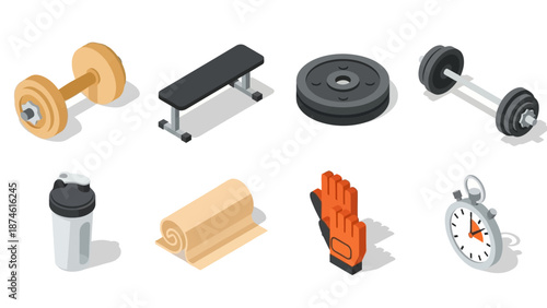 Isometric gym equipment set featuring dumbbells, bench, and stopwatch for fitness design