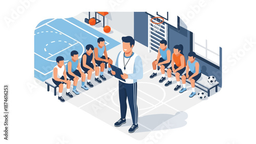 Coach giving strategy session to youth basketball team in gym