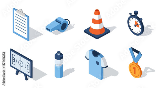 Isometric sports equipment icons set: whistle, stopwatch, traffic cone, water bottle, medal