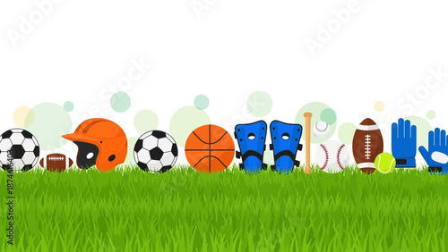 Colorful sports equipment on grass with abstract background design