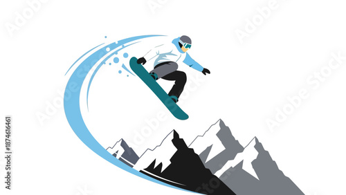 Snowboarder jumping in minimalist style over majestic mountain peaks