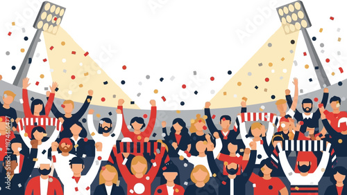 Crowd of enthusiastic fans cheering at a sports event under stadium lights