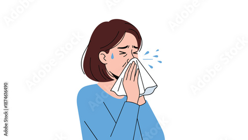 Distressed woman with a tear on her cheek sneezes into a white tissue, illustrating symptoms of allergies, a cold, or flu, and general physical discomfort.