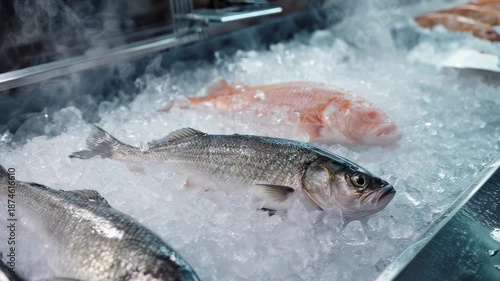 Fresh fish displayed on ice in a market stall