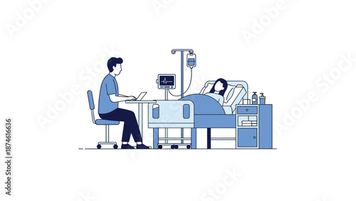 Diligent nurse sits by a hospital bed, monitoring a patient with an IV drip and medical equipment, representing professional healthcare and attentive patient care.