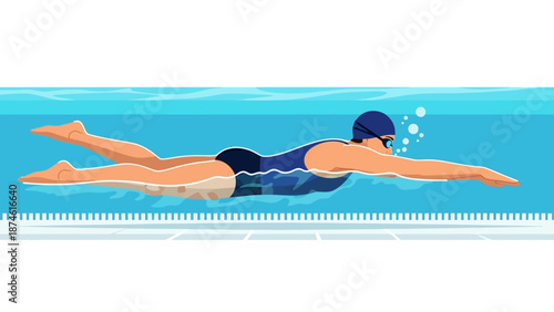 Swimmer in blue swimsuit practicing freestyle stroke in pool