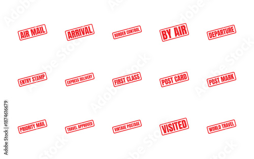 Set of red postal and travel rubber stamps with various words like air mail, arrival, and departure.