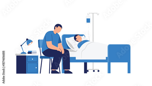 Caring family member sits attentively beside a patient resting in a hospital bed with an IV drip, depicting support, comfort, and emotional care during recovery.