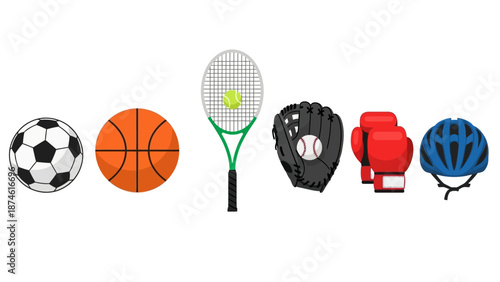 Colorful sports equipment set featuring popular game gear on white background