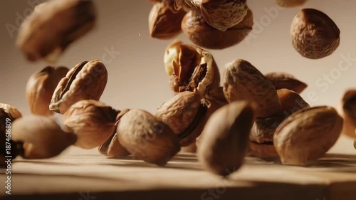 Pistachios Falling onto a Wooden Surface in a Dynamic Close-up Shot