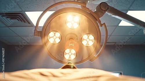 Patient point of view looking up at a circular surgical light fixture turning on and shining brightly in a modern hospital operating theater.