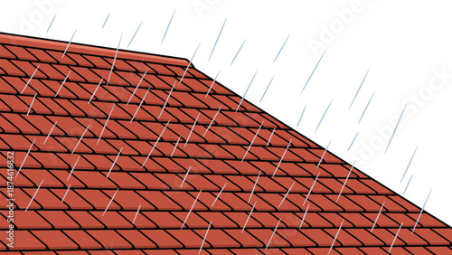 Light rain cascades over a vibrant red tiled roof, illustrating inclement weather, home protection, and the natural elements affecting residential architecture.
