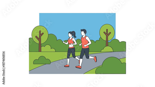Active couple jogging in park on sunny day