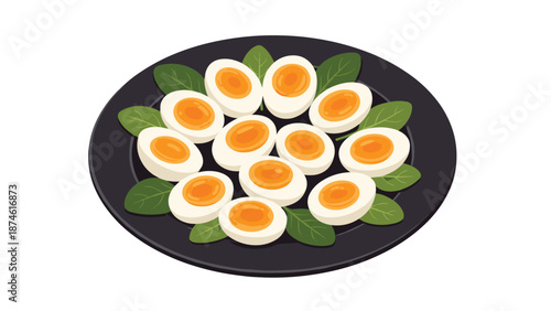 Perfectly sliced hard-boiled eggs with bright orange yolks are elegantly arranged on a dark plate with fresh spinach leaves, depicting healthy breakfast or snack.