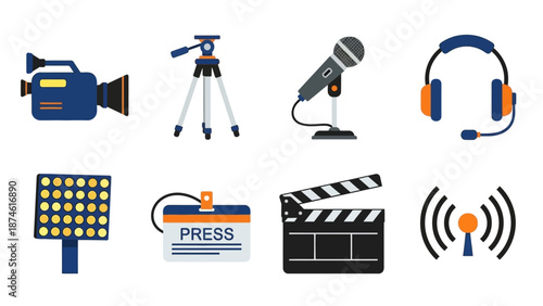 Media equipment icons: cameras, microphone, headset, lights, press, clapboard, broadcast signal