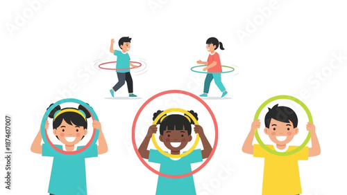 Kids joyfully playing with hula hoops in a colorful minimalist setting