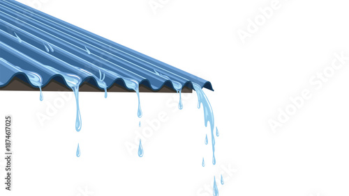 Heavy rain cascades in streams from the edge of a corrugated metal roof, illustrating severe weather, roof drainage, and the impact of downpours on structures.