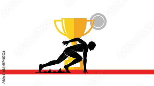 Silhouette of runner at starting line with trophy symbolizing athletic achievement