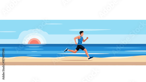 Morning beach run at sunrise: fitness and wellness inspiration in flat design