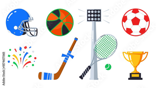 Dynamic sports gear and symbols: celebrating football, basketball, and more