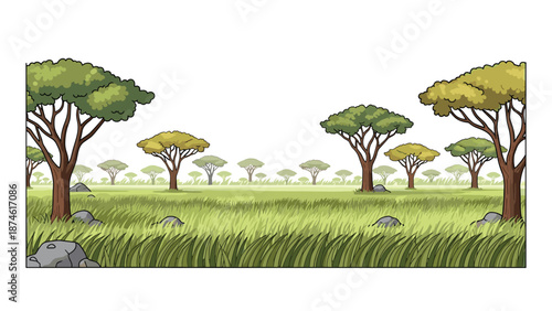 Expansive African savanna landscape with scattered acacia trees and tall green grass under a wide sky, depicting a serene natural habitat and wildlife environment.