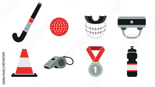 Field hockey equipment icons set: flat style featuring sticks, balls, helmets, and medals