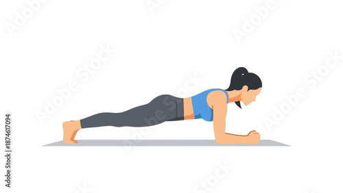 Flat style fitness woman doing plank exercise on yoga mat in side view