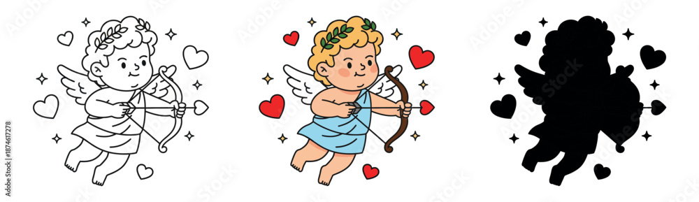 Fototapeta premium Cute Cupid character set with bow and arrow and red hearts. Valentine's Day angel in outline, color, and silhouette styles.