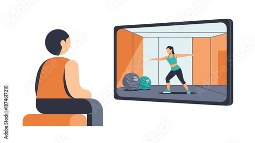 Online fitness class: woman exercising with virtual instructor and exercise ball