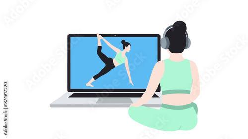 Fitness at home: woman practicing yoga with virtual instructor