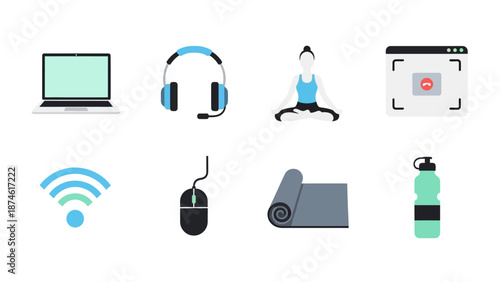 Remote work essentials: digital tools and wellness icons in flat design
