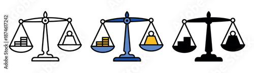 Scales of justice comparing money stacks and human figures. Concept of social inequality, law, and corporate ethics.
