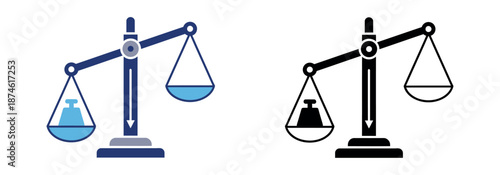 Blue and black scales of justice icons showing a heavy weight on one side. Concept of imbalance, unfairness, or heavy burden.