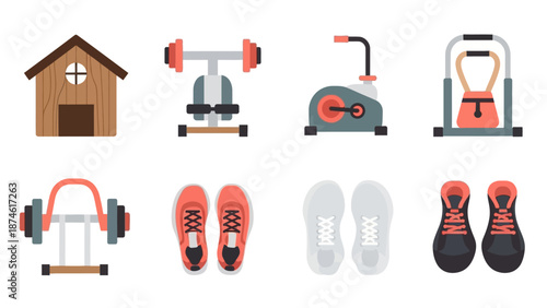 Home gym essentials: flat design of equipment and apparel icons for fitness enthusiasts