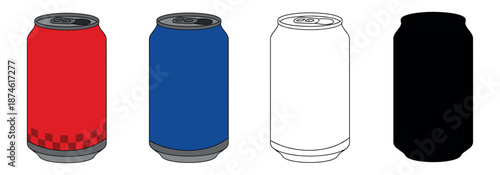 Set of aluminum soda cans in red, blue, outline, and silhouette styles. Blank beverage containers for packaging design and product mockups.