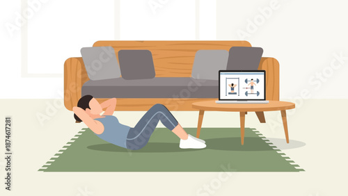 Woman exercising at home with online workout on laptop in cozy living room setting