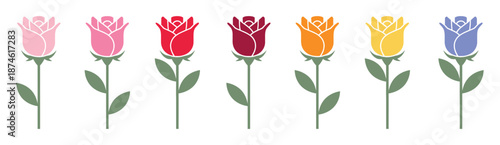 Set of colorful rose icons with stems and leaves. Simple flat vector illustrations in shades of pink, red, orange, yellow, and blue.