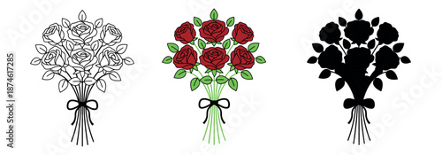 Bouquet of red roses tied with a black ribbon bow. Set includes outline, color, and silhouette versions of the romantic flower arrangement.