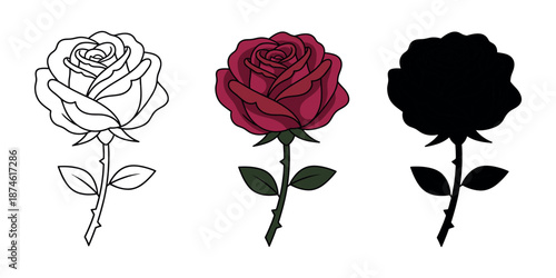 Red rose flower with stem and leaves shown in three styles: outline, color, and black silhouette. Elegant floral icon for romantic designs.