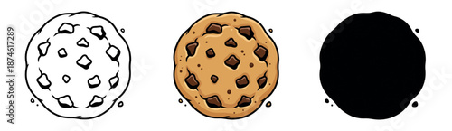 Chocolate chip cookie icons in outline, color, and silhouette styles. Sweet bakery snack set for food design and menus.