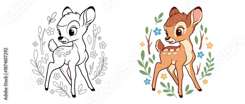 Side-by-side comparison of a cute baby deer illustration in black and white coloring book style and a fully colored version.